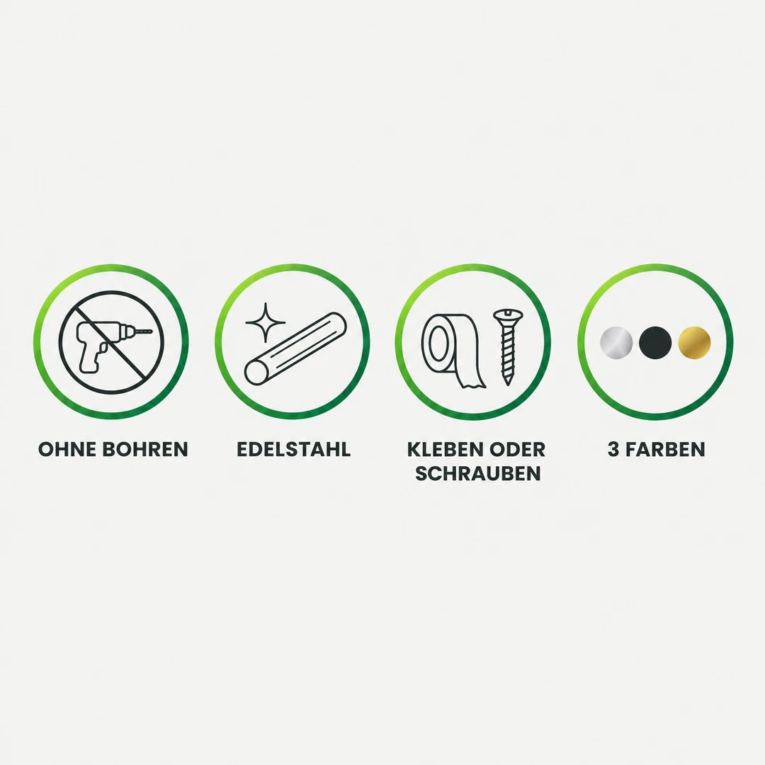 Vorteile: ohne Bohren, Edelstahl, kleben oder schrauben, drei Farben