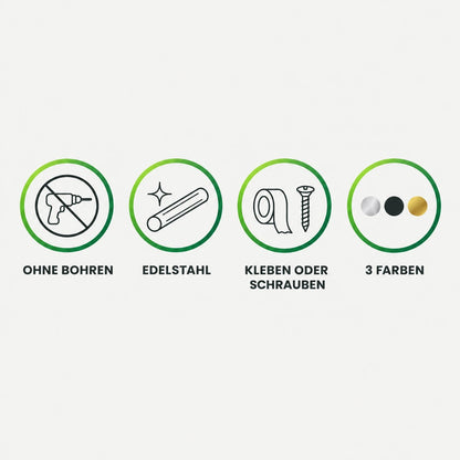 Vorteile: ohne Bohren, Edelstahl, kleben oder schrauben, drei Farben