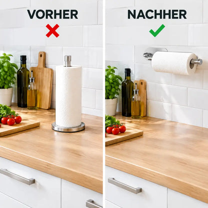 Vorher volle Arbeitsplatte, nachher Küchenrolle am Wandhalter