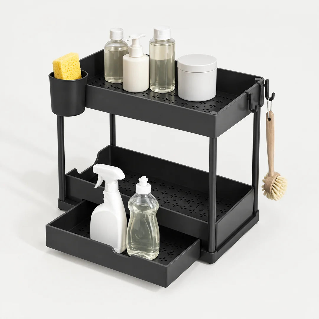 Küchenschrank Organizer in Schwarz mit zwei Ebenen, ausgezogener Schublade, Becher und Haken