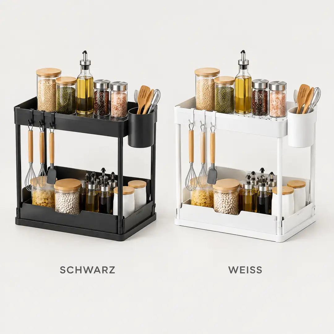 Küchenschrank Organizer in Schwarz und Weiß nebeneinander