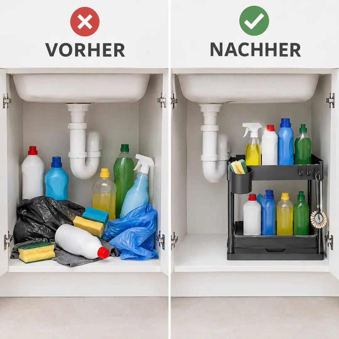 Vorher-Nachher: Chaos im Spülschrank und Ordnung mit dem Küchenschrank Organizer