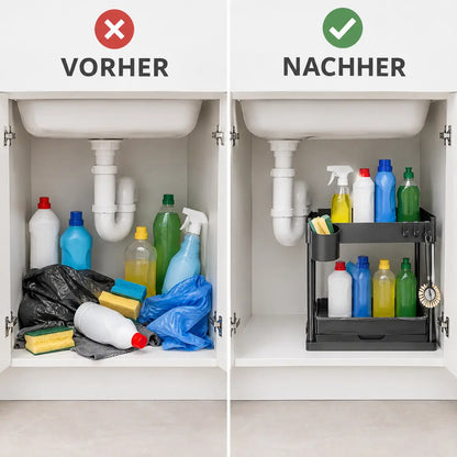 Vorher-Nachher: Chaos im Spülschrank und Ordnung mit dem Küchenschrank Organizer
