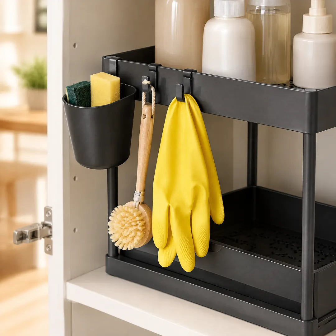 Spülbürste, Handschuhe und Schwämme an Haken und Becher des Küchenschrank Organizers
