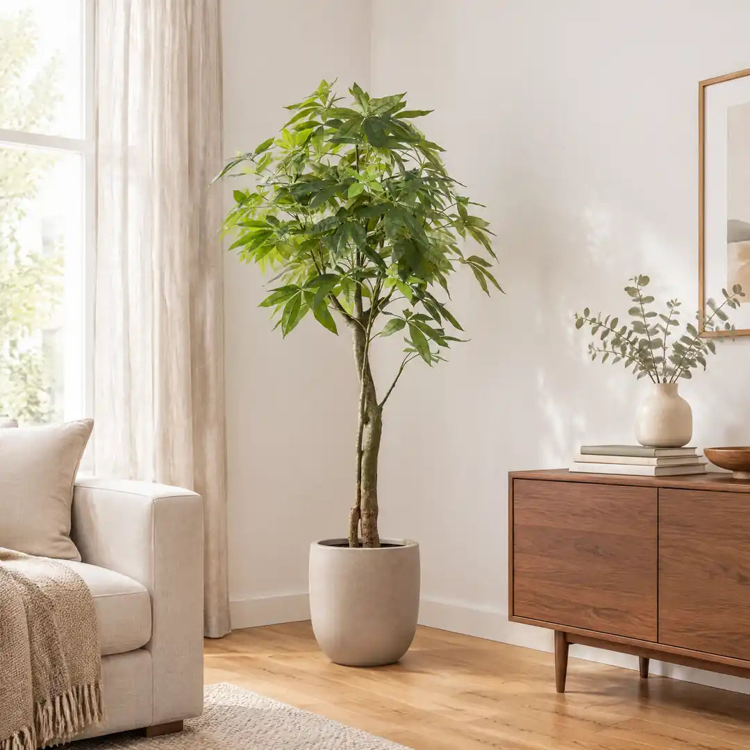 Künstliche Glückskastanie im Keramik-Übertopf neben Sofa und Sideboard im Wohnzimmer