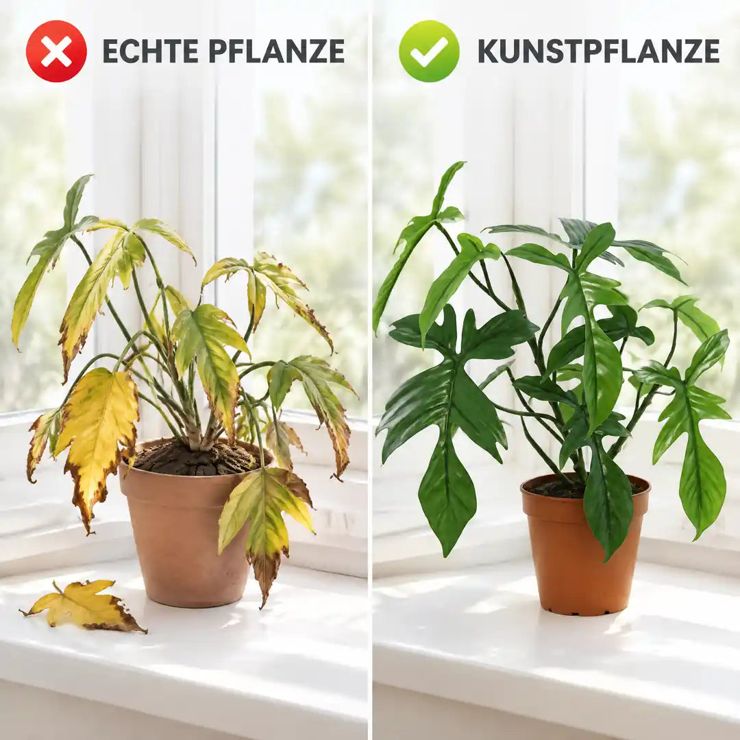 Vergleich: vernachlässigte echte Pflanze mit gelben Blättern neben dem sattgrünen künstlichen Philodendron