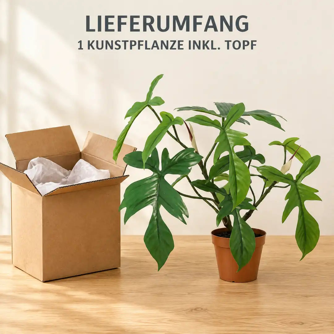 Lieferumfang: 1 künstlicher Philodendron Florida inklusive Topf neben dem Versandkarton