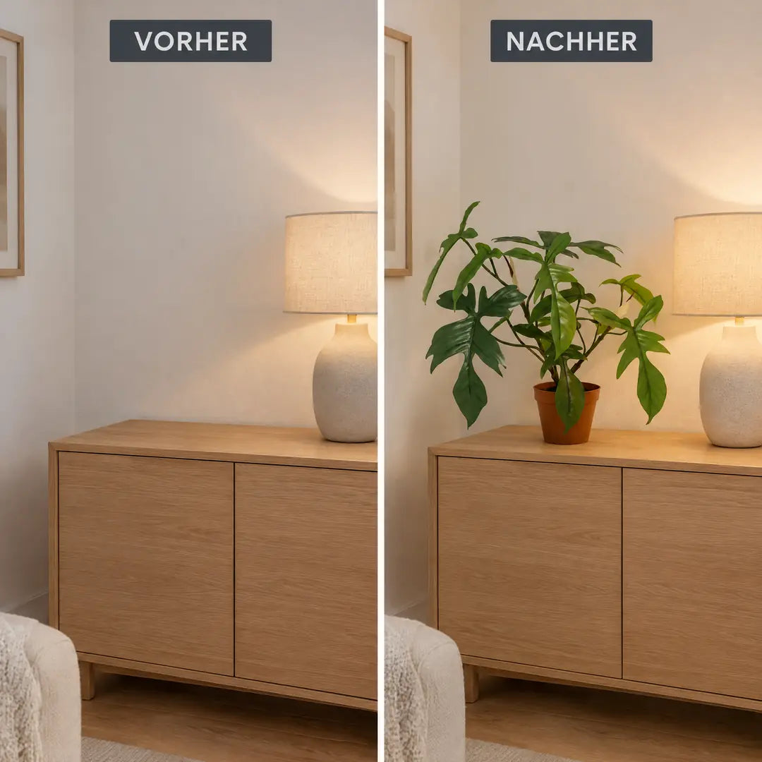 Vorher und nachher: leeres Sideboard und dasselbe Sideboard mit dem künstlichen Philodendron