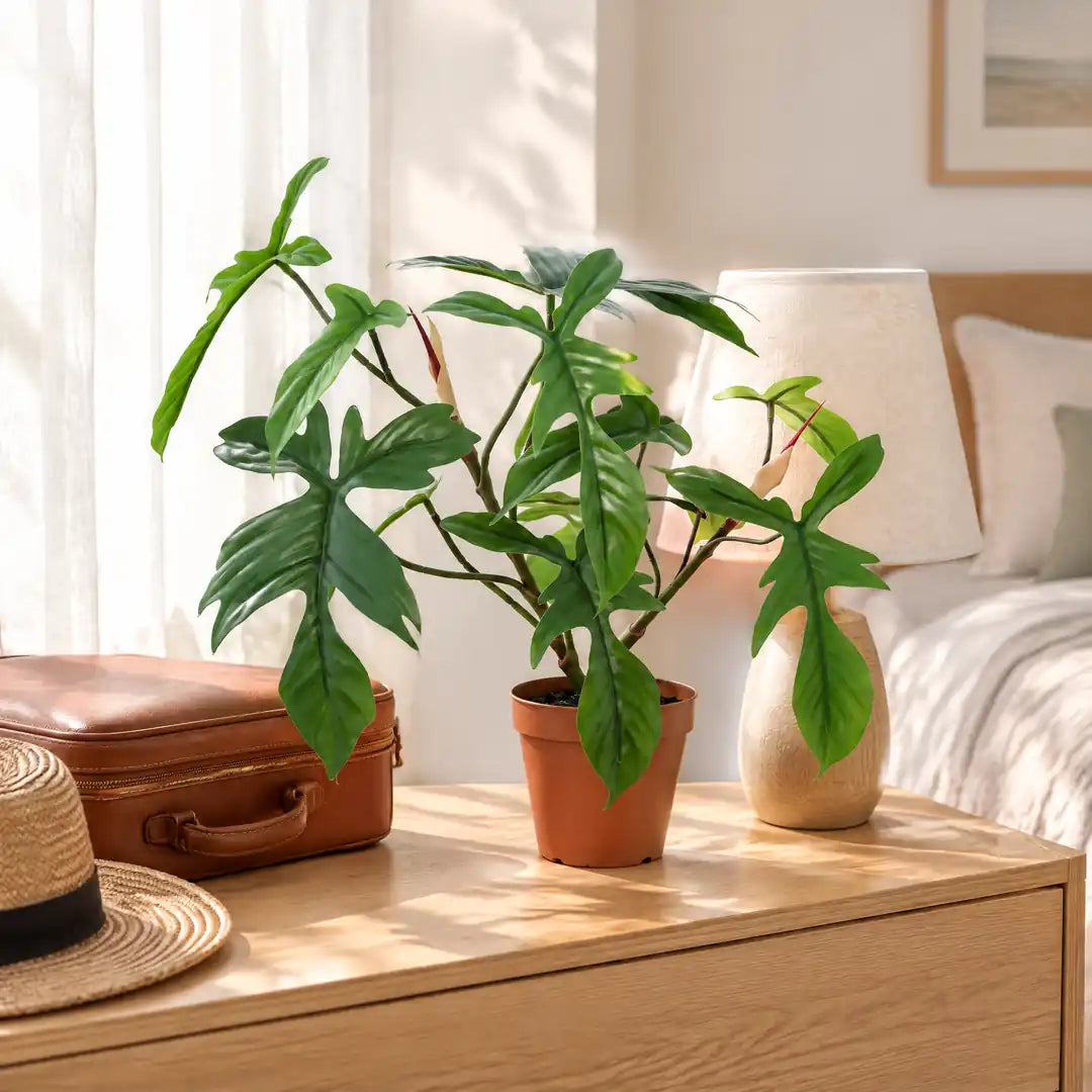 Künstlicher Philodendron Florida auf einer Kommode neben gepacktem Reisekoffer