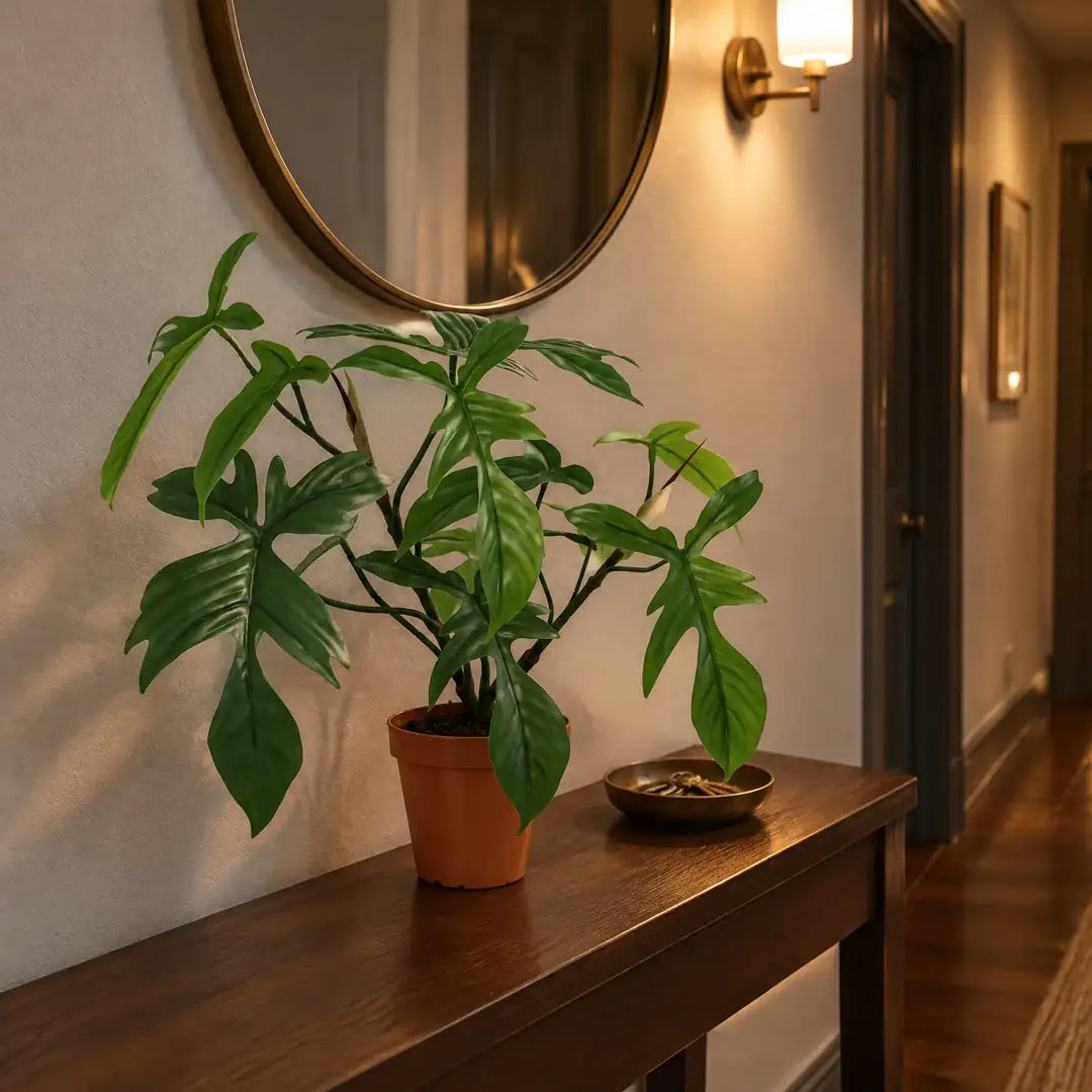 Künstlicher Philodendron Florida auf einer Konsole im fensterlosen Flur bei Lampenlicht