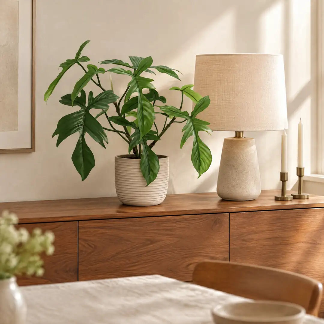 Künstlicher Philodendron Florida im beigen Übertopf auf einem Sideboard neben einer Tischlampe