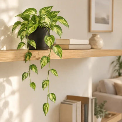 Künstliche Hängepflanze Efeutute auf einem Holzregal im Wohnzimmer, Ranken fallen über die Kante