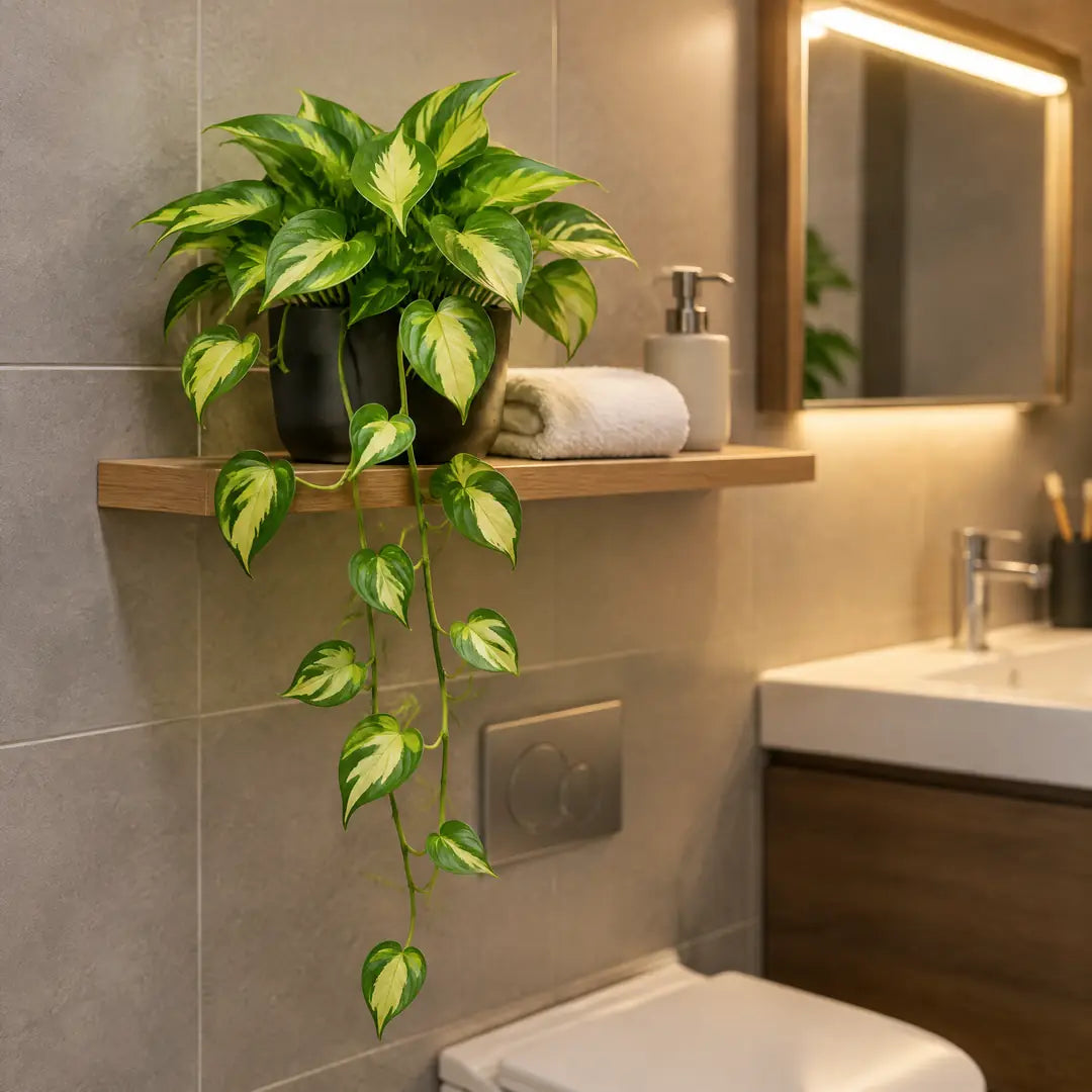 Künstliche Efeutute auf einem Wandboard im fensterlosen Badezimmer