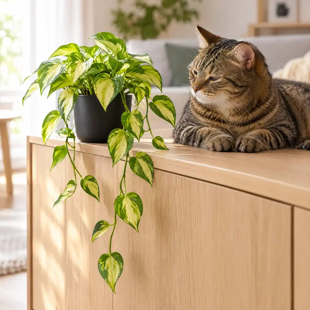 Katze liegt entspannt neben der künstlichen Efeutute auf dem Sideboard