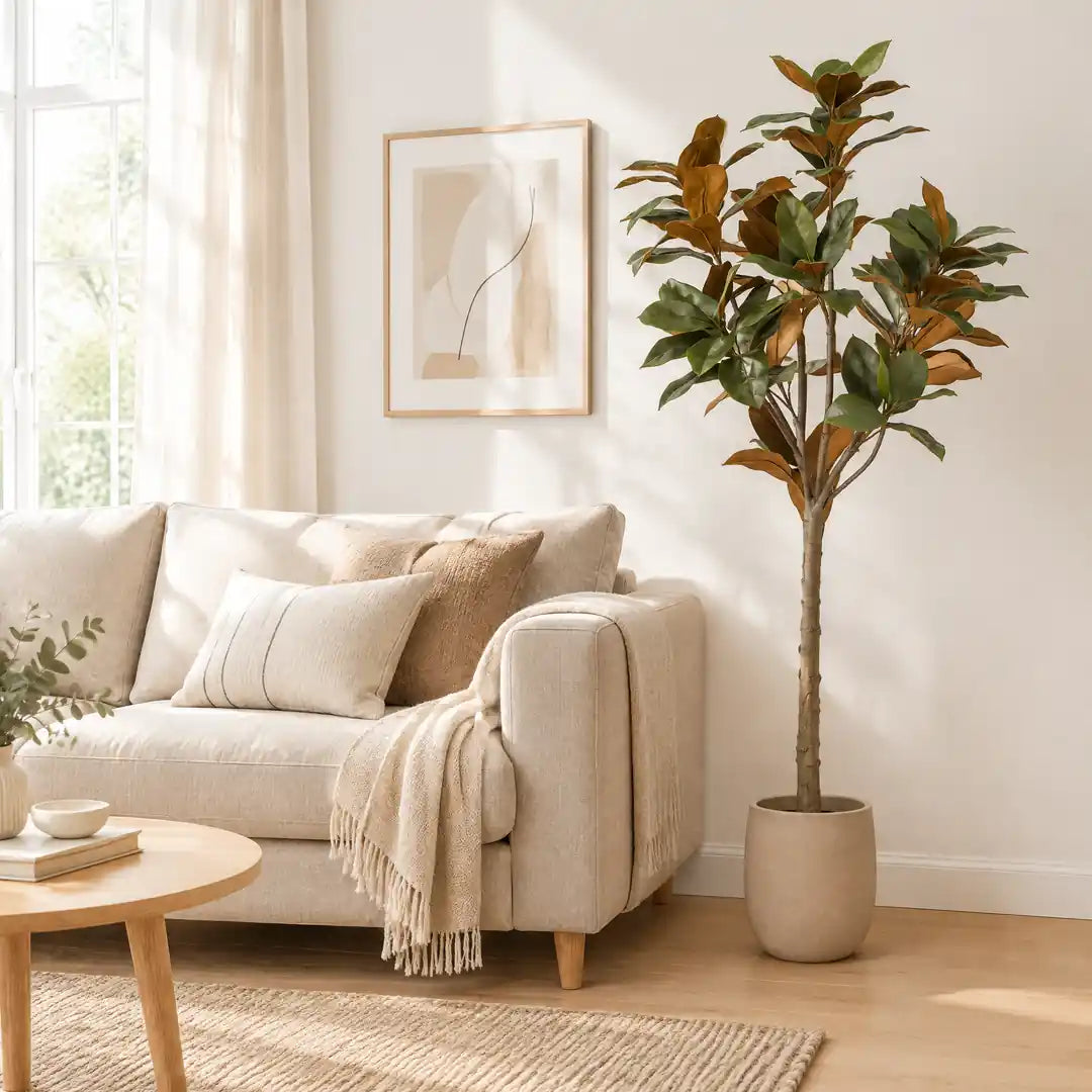 Künstliche Magnolie als Kunstbaum neben einem Sofa im hellen Wohnzimmer