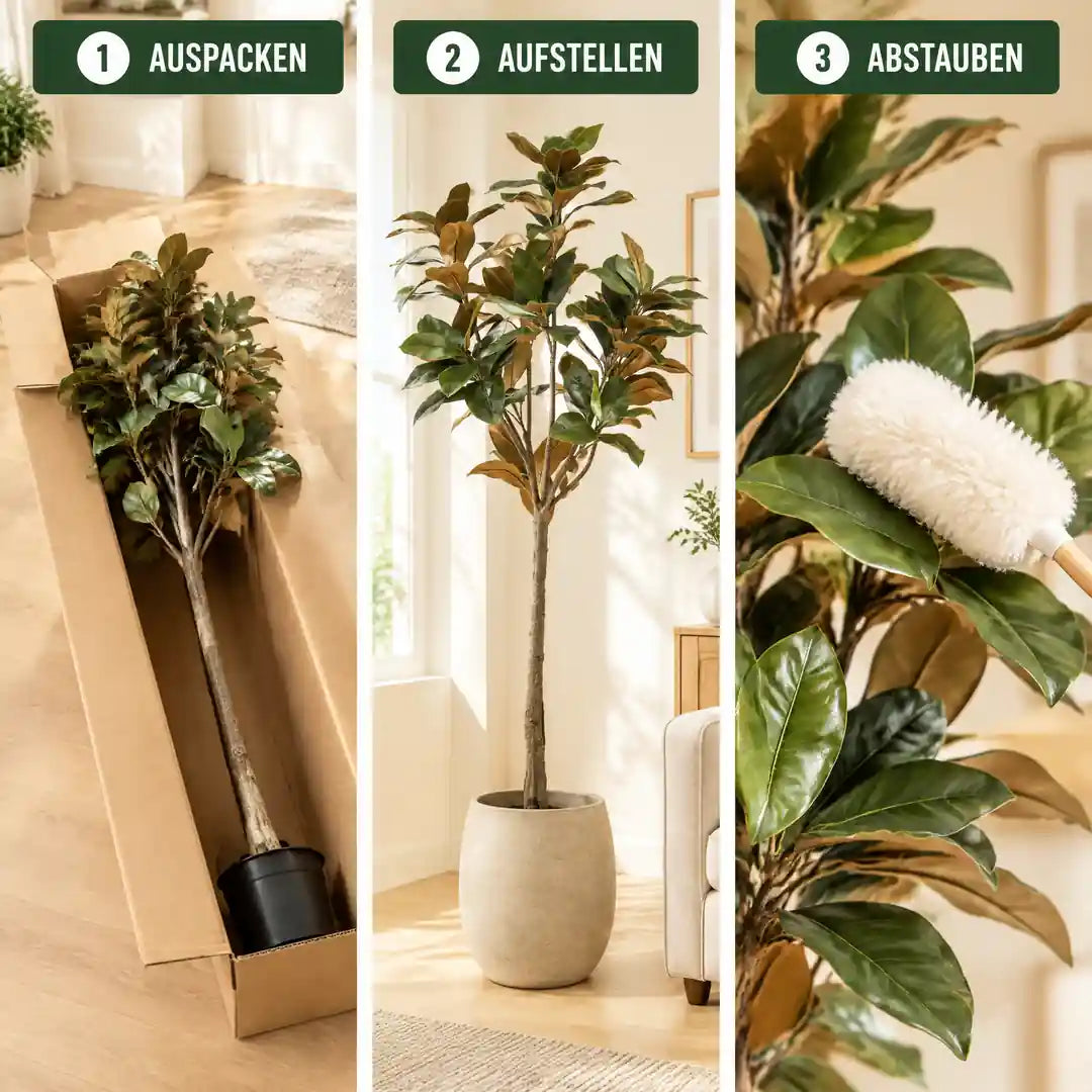 Künstliche Magnolie in 3 Schritten: auspacken, aufstellen, abstauben