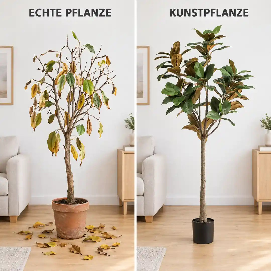 Vergleich: echte Magnolie mit vergilbten Blättern und künstliche Magnolie mit voller Krone
