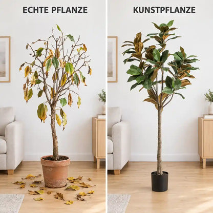 Vergleich: echte Magnolie mit vergilbten Blättern und künstliche Magnolie mit voller Krone