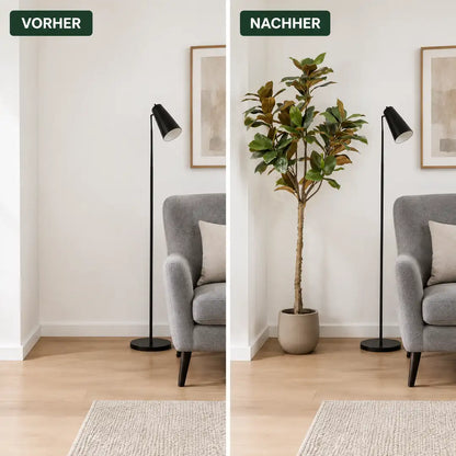 Wohnzimmerecke vorher leer und nachher mit künstlicher Magnolie