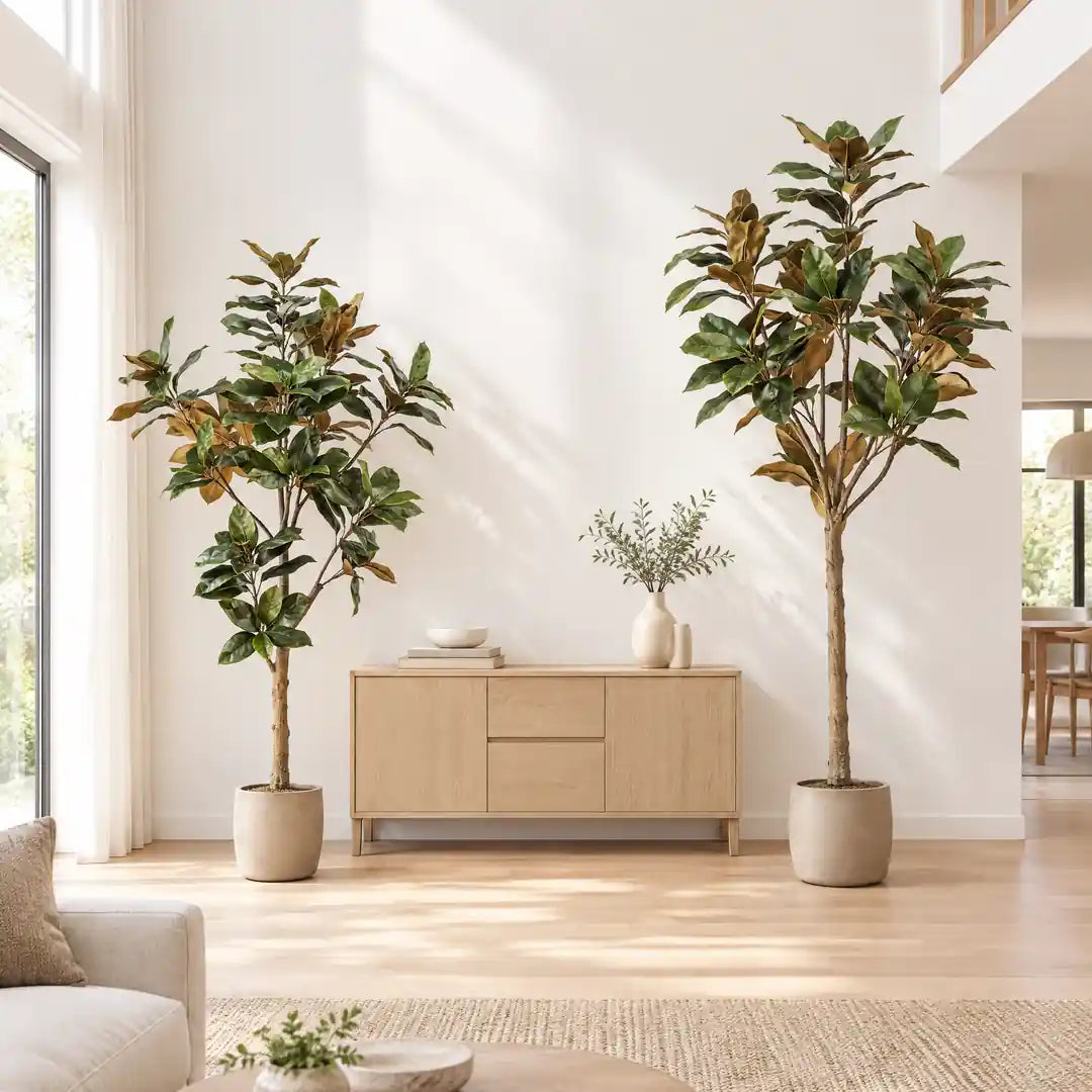 Künstliche Magnolie in 150 und 180 cm in einem hohen Wohnraum
