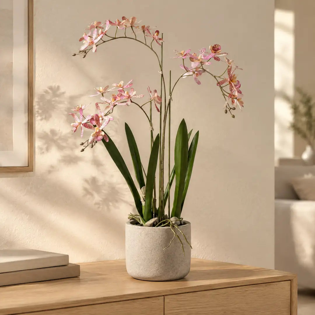 Künstliche Orchidee in Rosa auf einem Sideboard im hellen Wohnzimmer