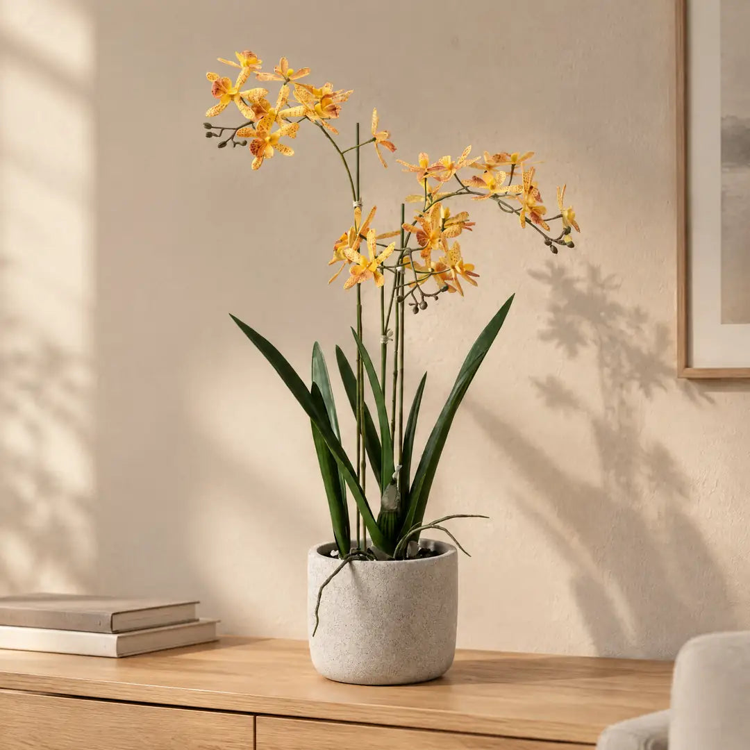Künstliche Orchidee in Gelb-Orange auf einem Sideboard im hellen Wohnzimmer