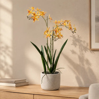 Künstliche Orchidee in Gelb-Orange auf einem Sideboard im hellen Wohnzimmer