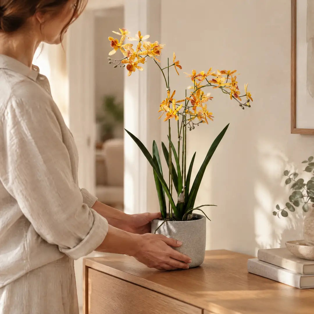 Person stellt die künstliche Orchidee im grauen Topf auf eine Kommode