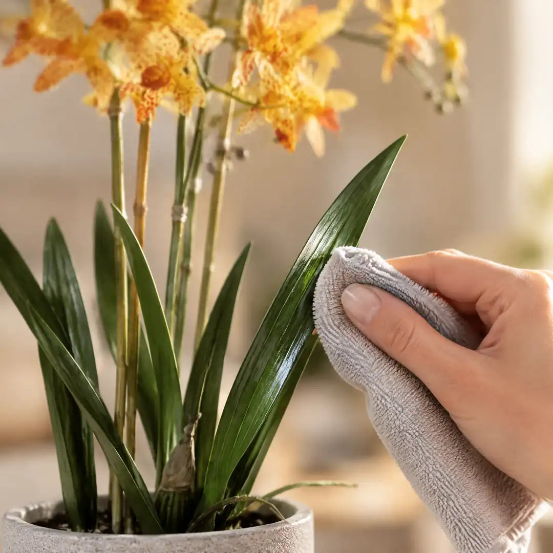 Blatt der künstlichen Orchidee wird mit einem weichen Tuch abgestaubt