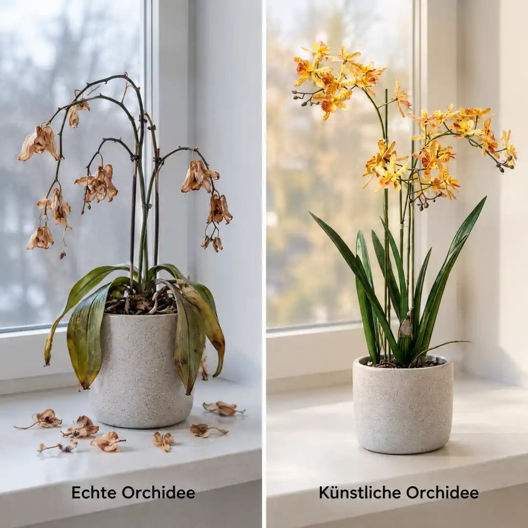 Vergleich einer eingegangenen echten Orchidee mit der künstlichen Orchidee