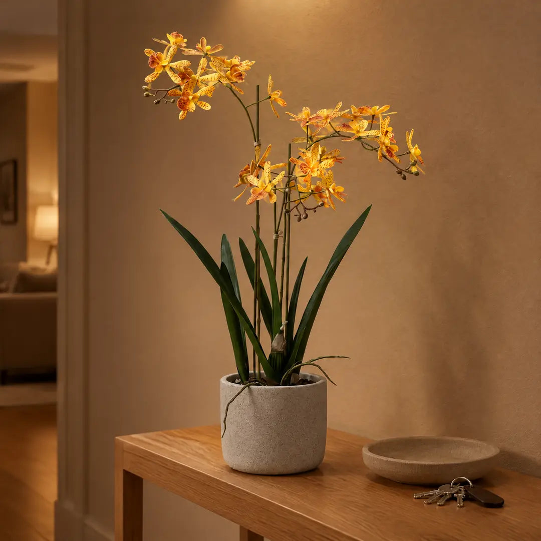 Künstliche Orchidee auf einer Konsole in einem fensterlosen Flur