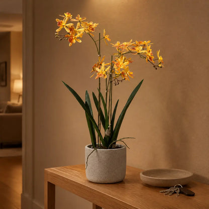 Künstliche Orchidee auf einer Konsole in einem fensterlosen Flur