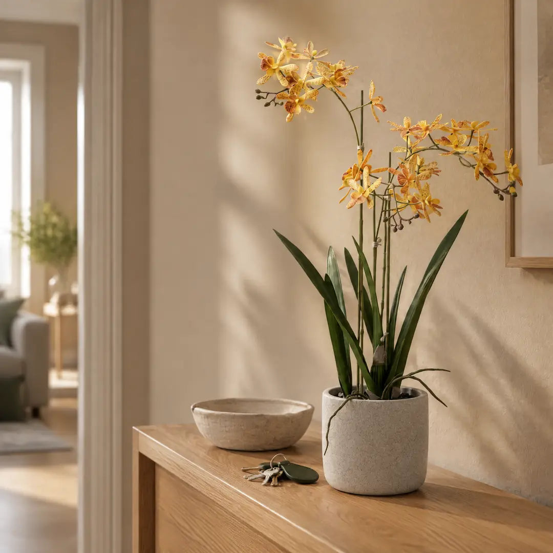Künstliche Orchidee auf einer Konsole im fensterfernen Flur