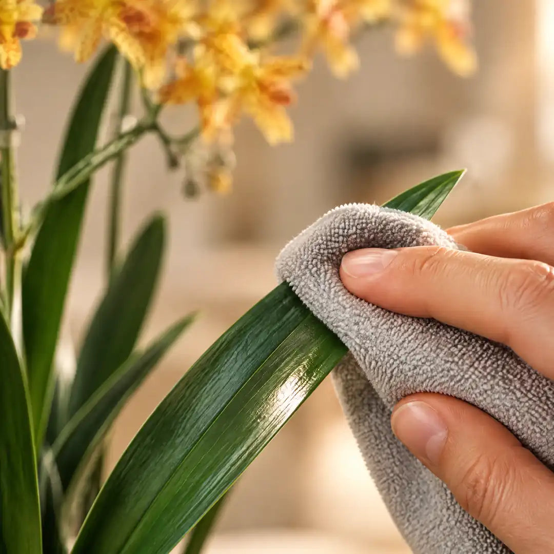Blattpflege der künstlichen Orchidee mit einem Mikrofasertuch