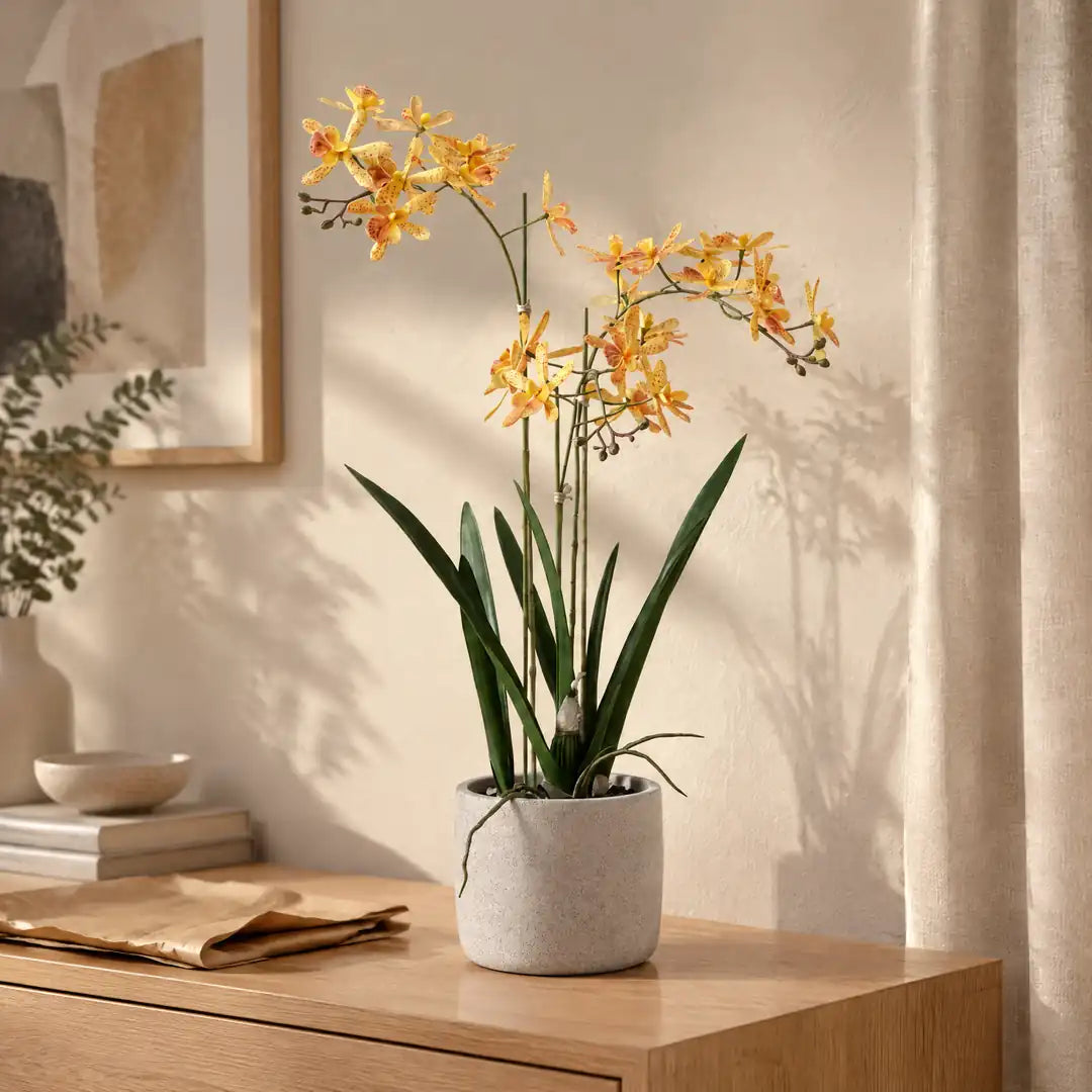 Künstliche Orchidee im grauen Topf auf einem Sideboard nach dem Auspacken