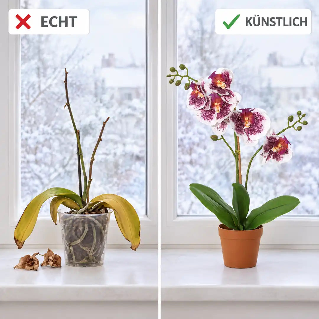 Vergleich: echte Orchidee nach der Blüte und künstliche Orchidee in voller Blüte