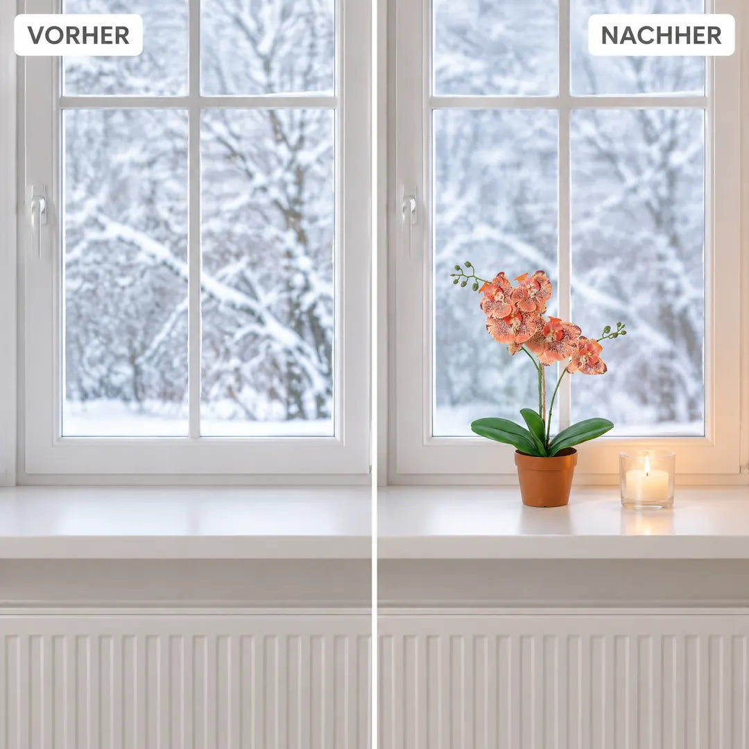 Vorher und nachher: Fensterbank im Winter ohne und mit künstlicher Orchidee