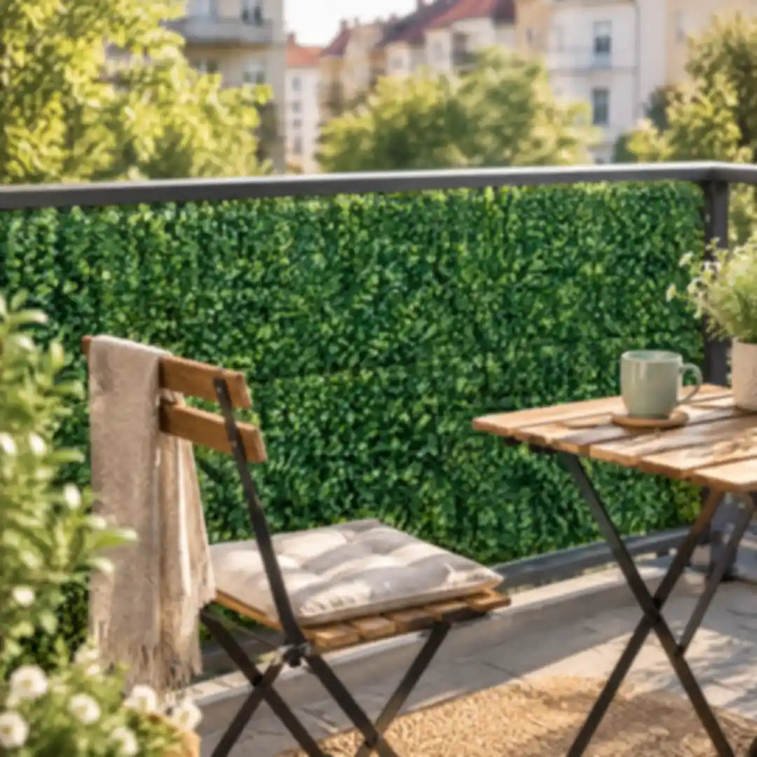 Balkongeländer mit Kunsthecke verkleidet, davor Stuhl und Tisch
