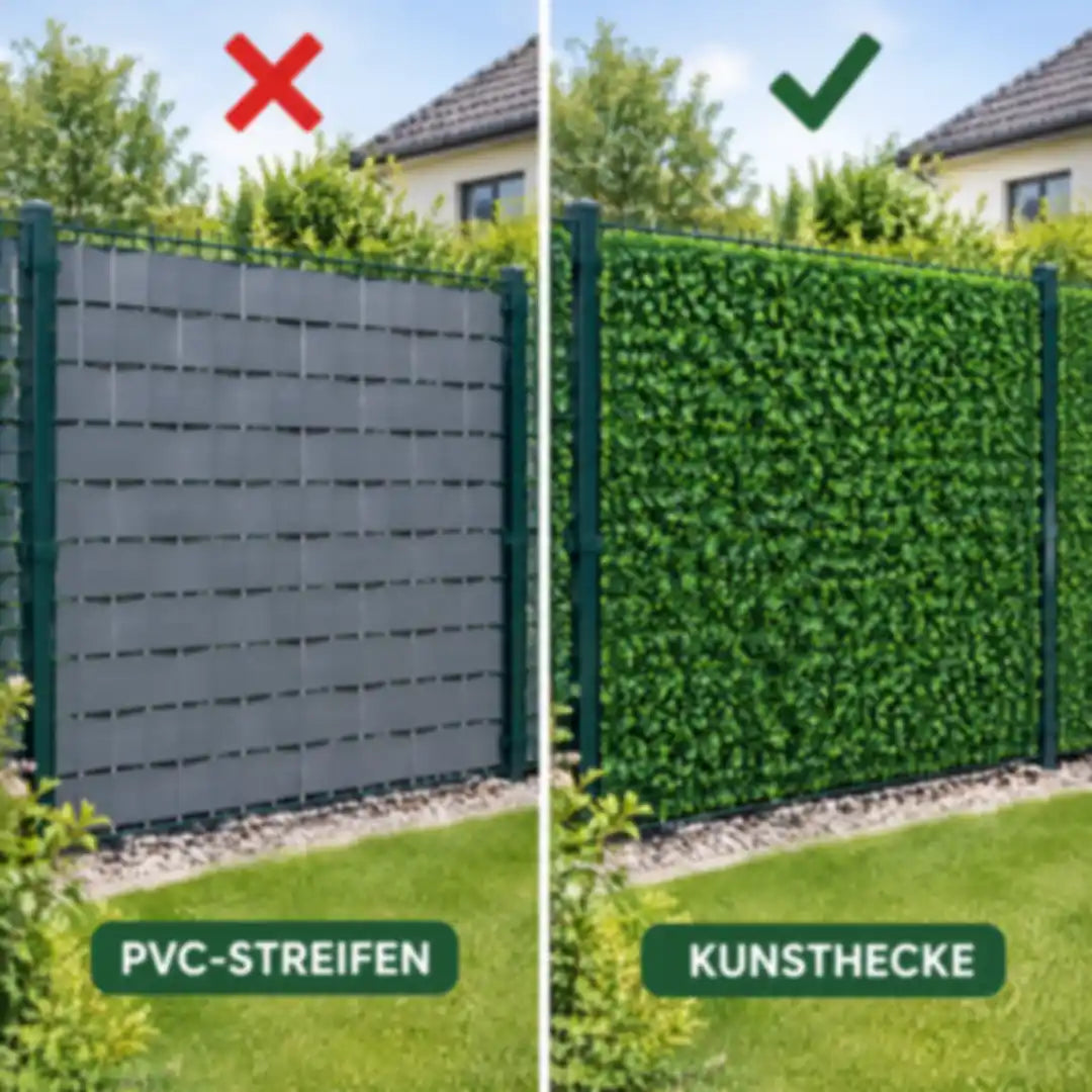 Vergleich: Zaun mit PVC-Streifen und Zaun mit Kunsthecke