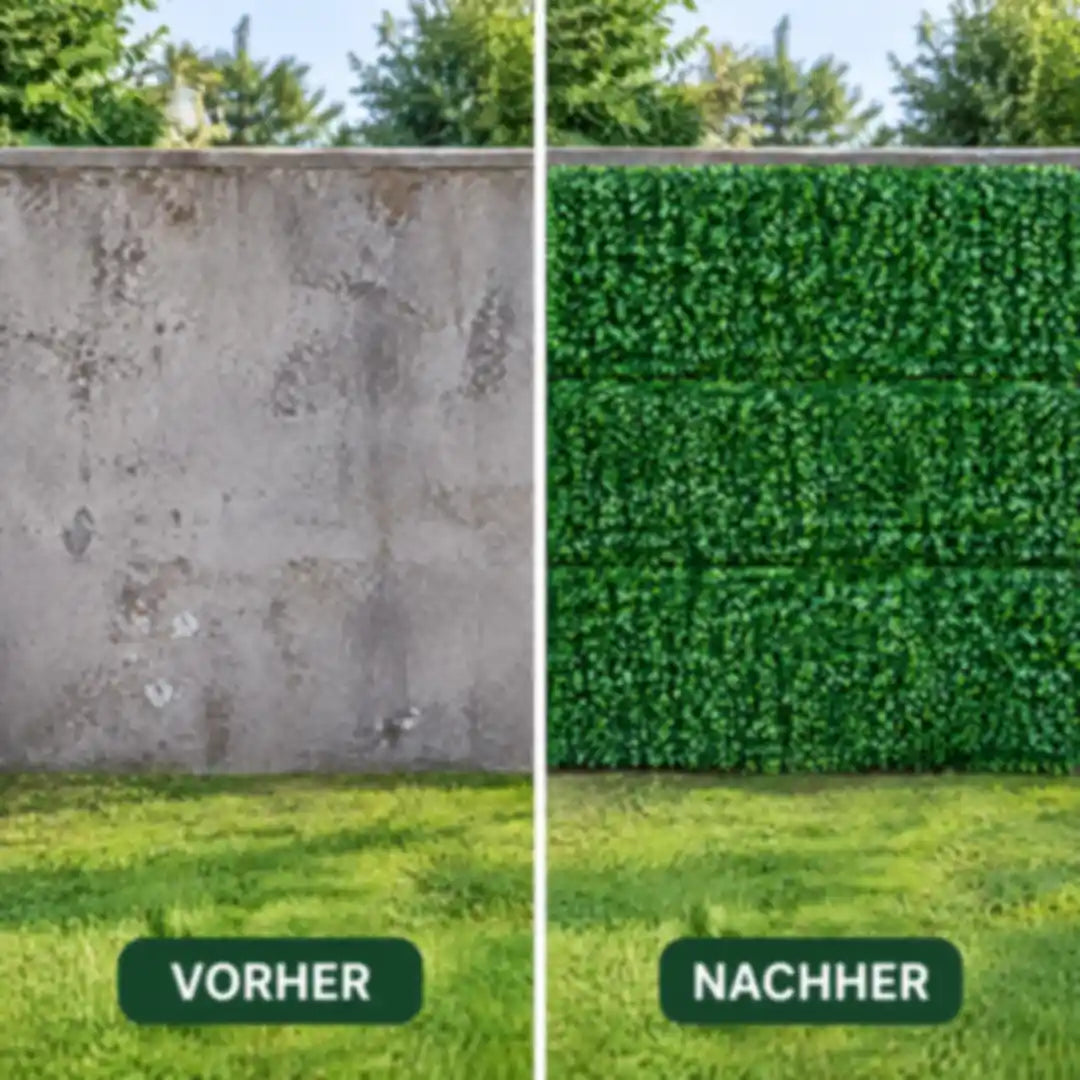 Graue Gartenmauer vorher kahl, nachher mit Kunsthecke verkleidet