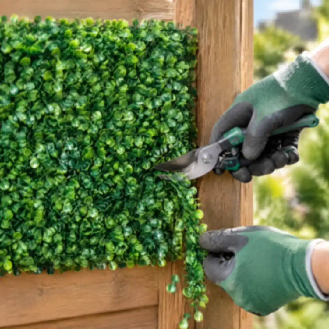 Kunsthecke am Holzzaun wird mit der Gartenschere zugeschnitten