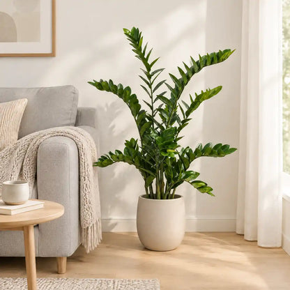 Künstliche Zamioculcas 110 cm neben einem Sofa im hellen Wohnzimmer