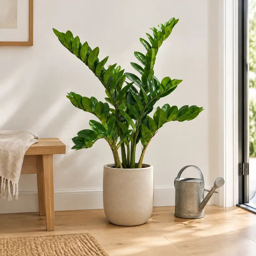 Künstliche Zamioculcas im Flur neben einer unbenutzten Gießkanne