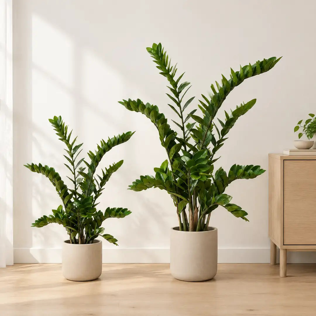 Künstliche Zamioculcas in 70 und 110 cm nebeneinander