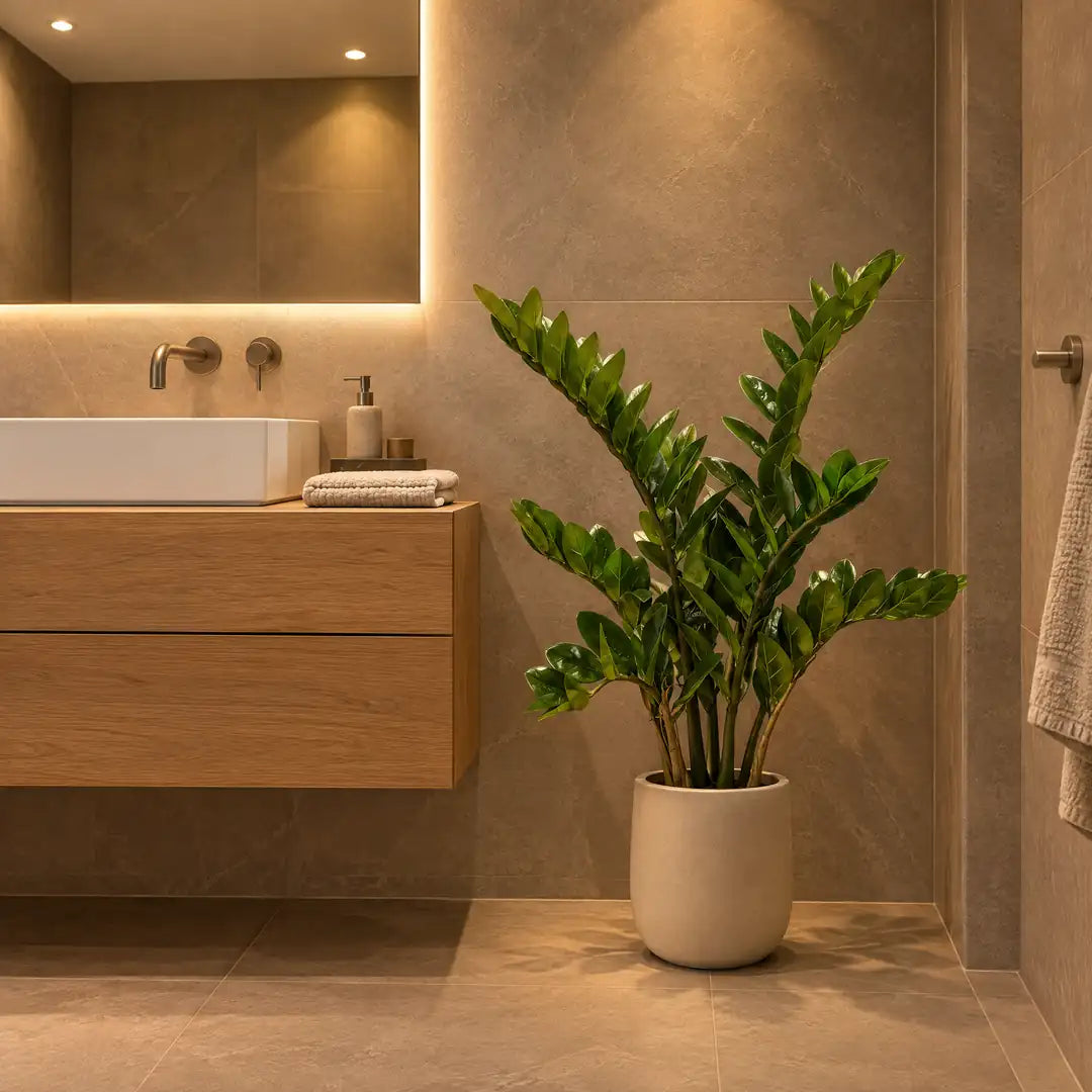 Künstliche Zamioculcas im Bad ohne Fenster