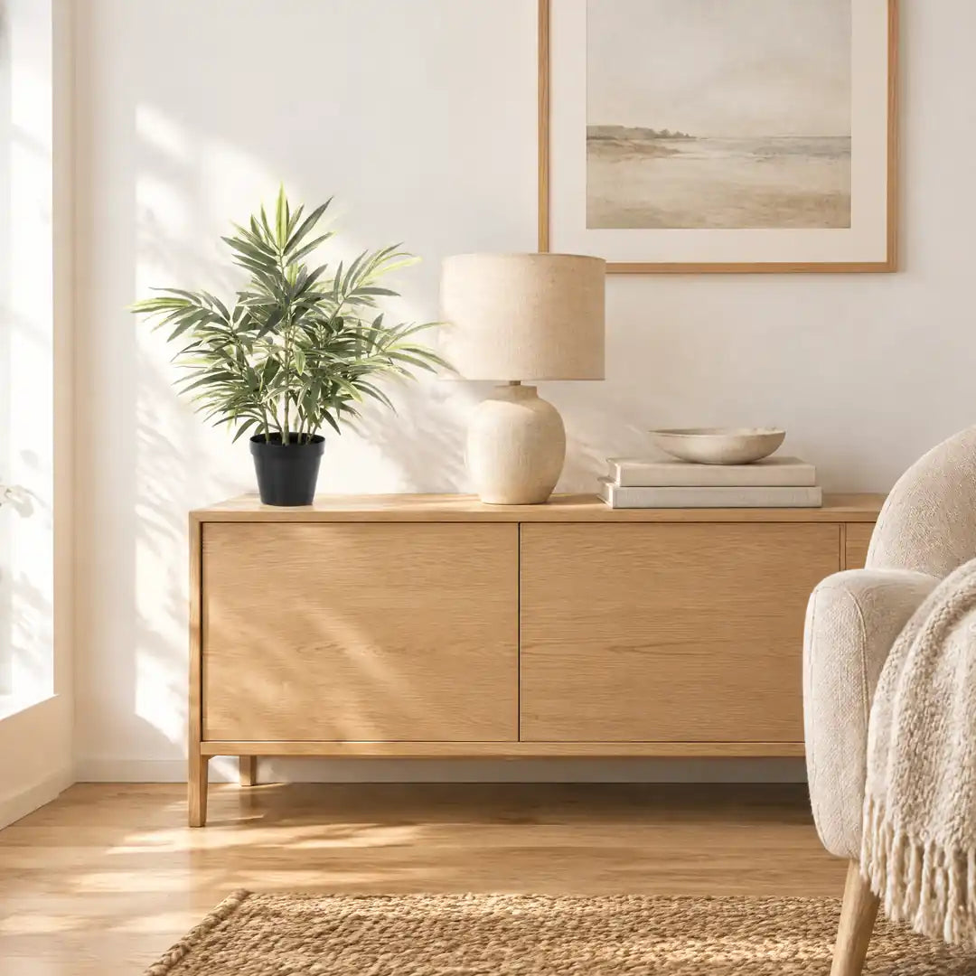 Künstlicher Bambus auf einem hellen Sideboard im Wohnzimmer neben Tischlampe und Büchern