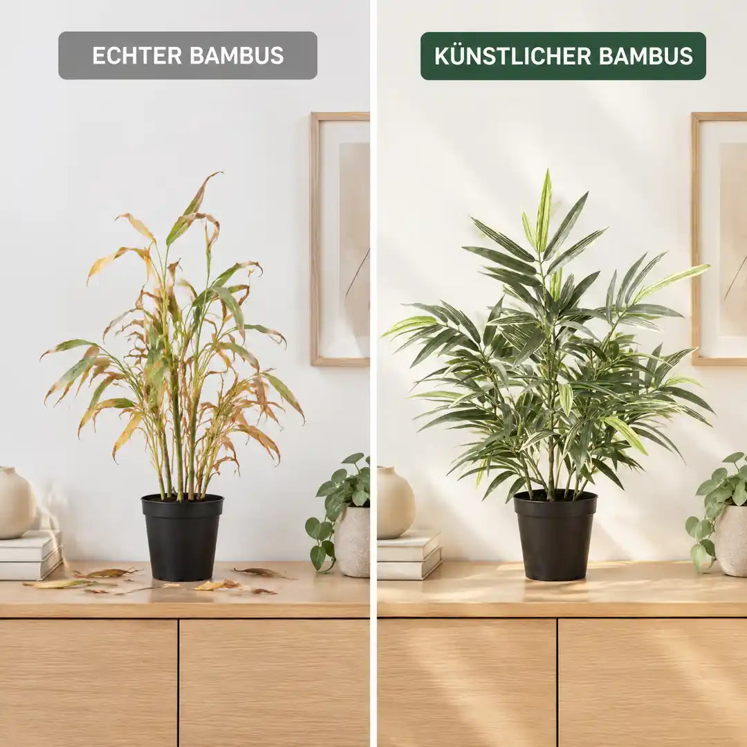 Vergleich: echter Bambus mit gelben Blättern neben frischem künstlichem Bambus