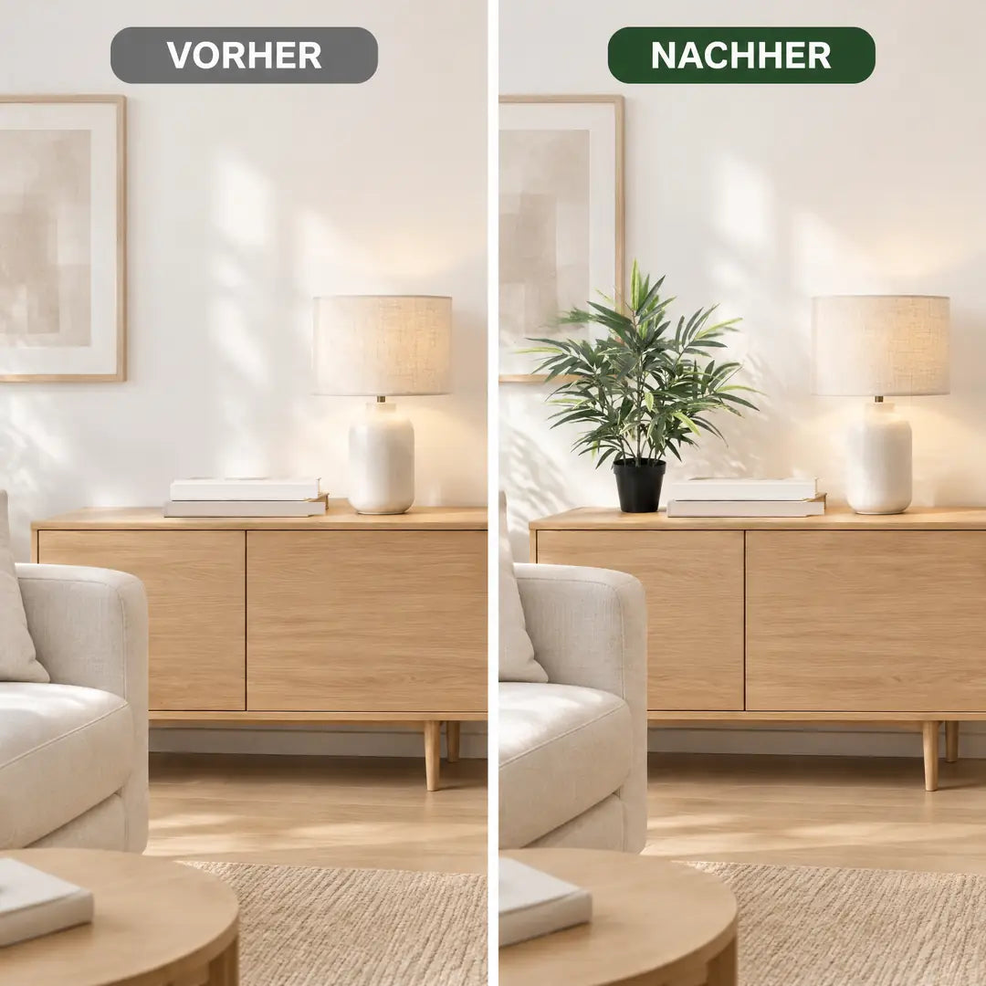 Vorher und nachher: leeres Sideboard und dasselbe Sideboard mit künstlichem Bambus