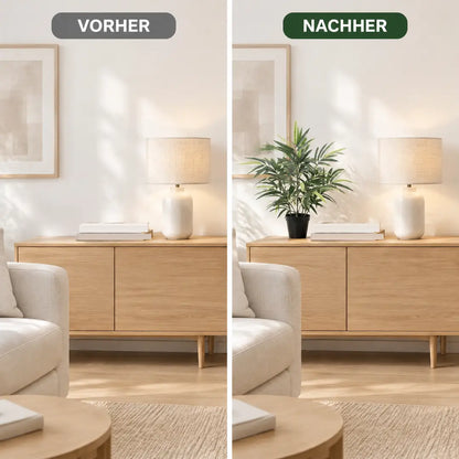 Vorher und nachher: leeres Sideboard und dasselbe Sideboard mit künstlichem Bambus