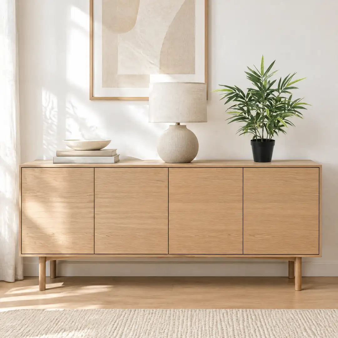 Künstlicher Bambus 57 cm auf einem Sideboard neben Lampe und Büchern